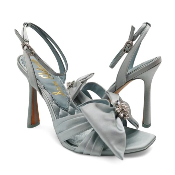 Sam Edelman Lexi Size 9 Cape Blue Satin Embellished Bow Ankle Strap Dress Sandal - Picture 9 of 16
